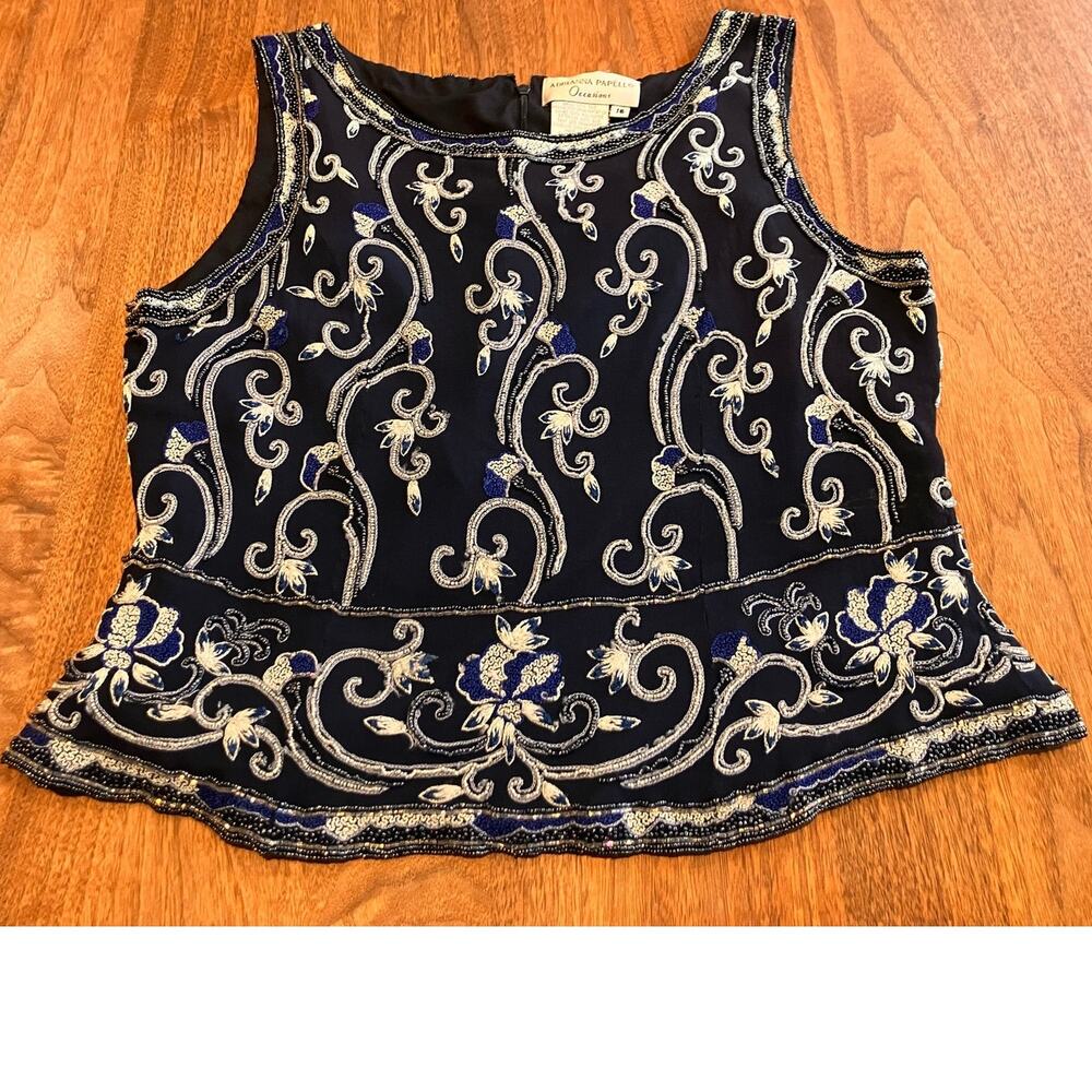 ADRIANNA PAPELL OCCASIONS 16 Blue, Silk, Sleeveless Top, Blue, Beads Embroidery